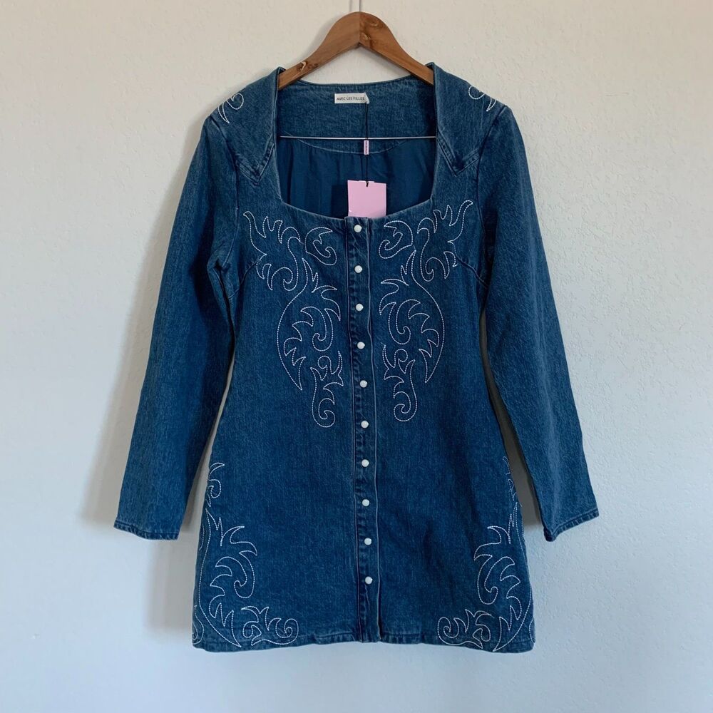 New Avec Les Filles Western Embroidered Long Sleeve Denim Rodeo Minidress Size 8 - Picture 5 of 12